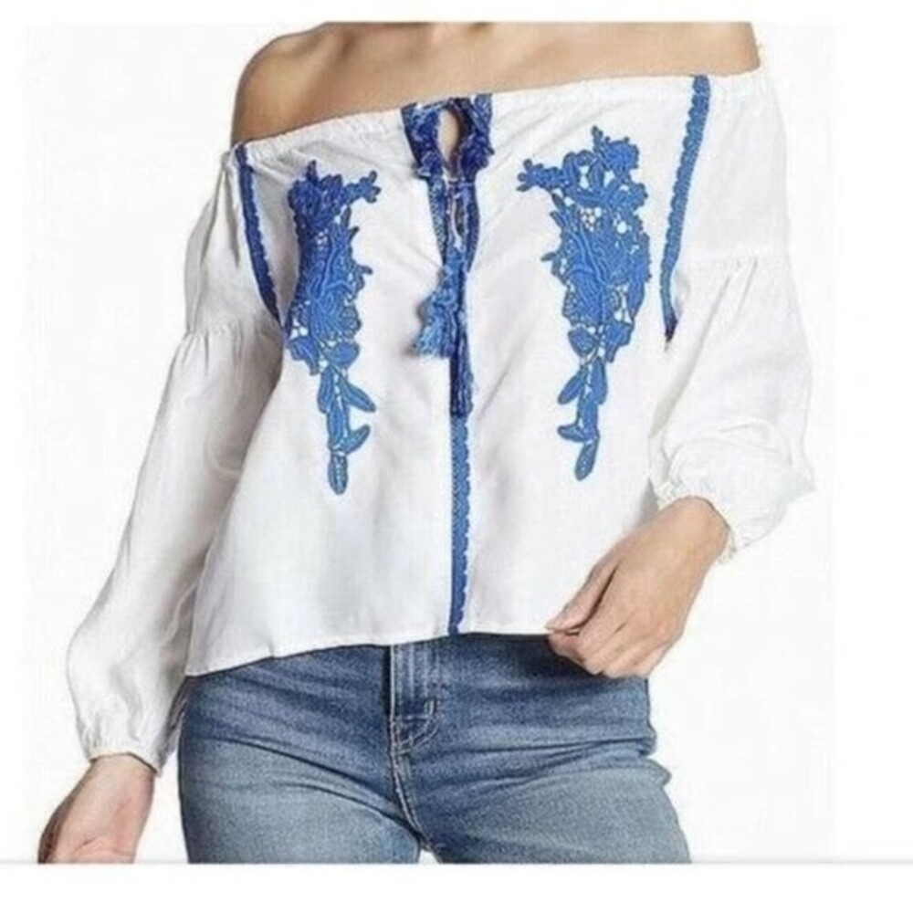 Line & Dot White Off-Shoulder Blouse with Blue Embroidery
